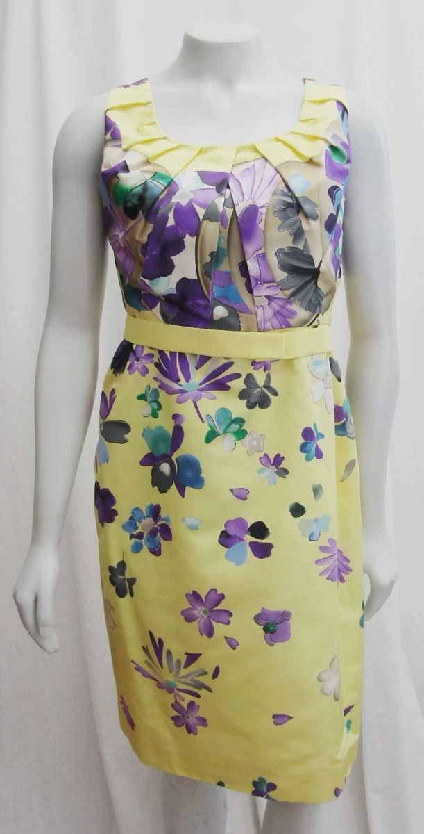 NEW Versace 44 8 Floral Print Dress Yellow Silk Belted Purple Lined Flowers
