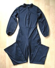 Vtg 70s disco black polyester knit dance club jumpsuit pockets wide legs S/M