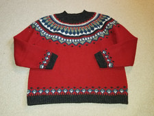 VINTAGE Womens Sweater-EDDIE BAUER-grey/red/green Fair Isle nordic wool po ls-M