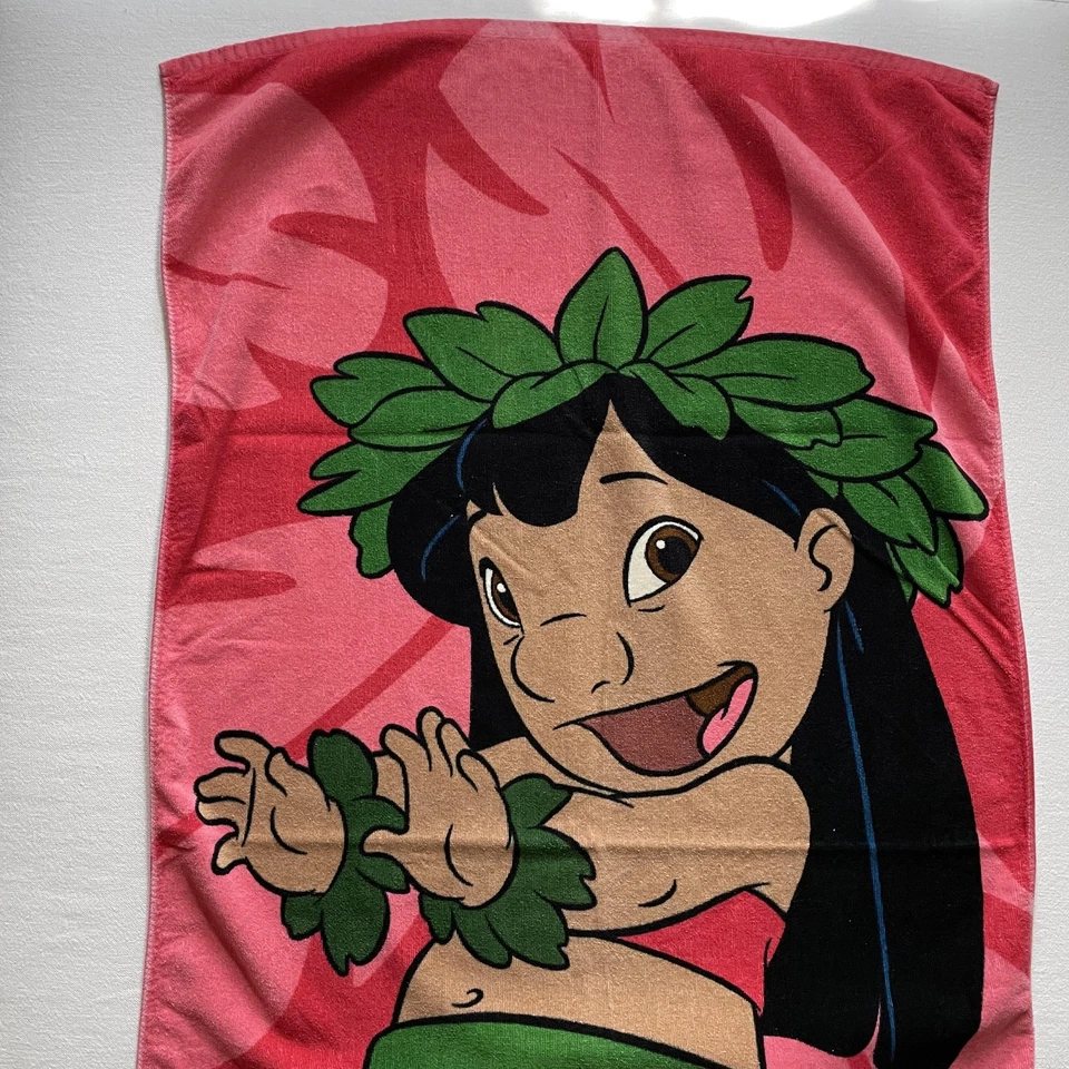 Toalla de playa vintage Lilo & Stitch 30x60" 2002 Disney Store algodón rosa verde Foto 2 de 4
