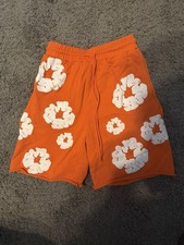 DENIM TEARS Orange Floral Cotton Sweat Shorts Drawstring Pockets Men s Casual