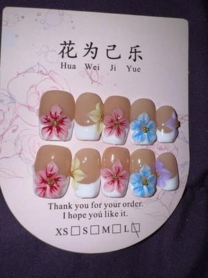 Handmade Short Square Large 3d Flower Press On Nails with Glue