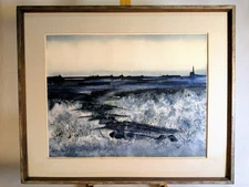 1966 Bill Loy cobalt blue watercolor painting Knoxville Seven mcm landscape