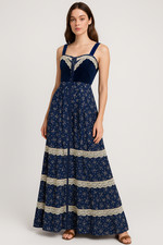 VTG Gunne Sax Prairie Maxi Dress Navy Blue Lace Trim Floral Cottagecore Size 11