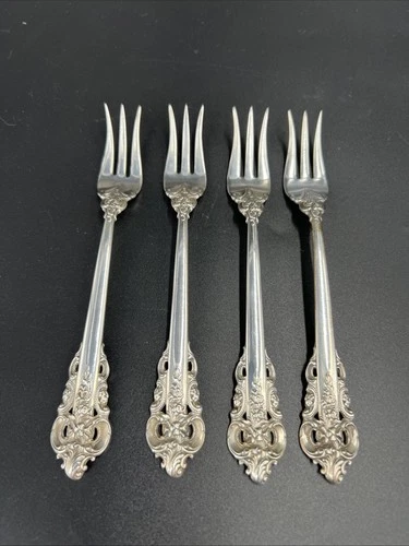4 Grande Baroque Sterling Silver 5 3/8" Cocktail Oyster Appetizer Forks Wallace