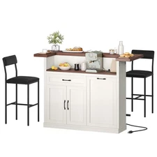 Bar Table with Stools, 55" Kitchen Island with Storage, Breakfast Bar Table w...