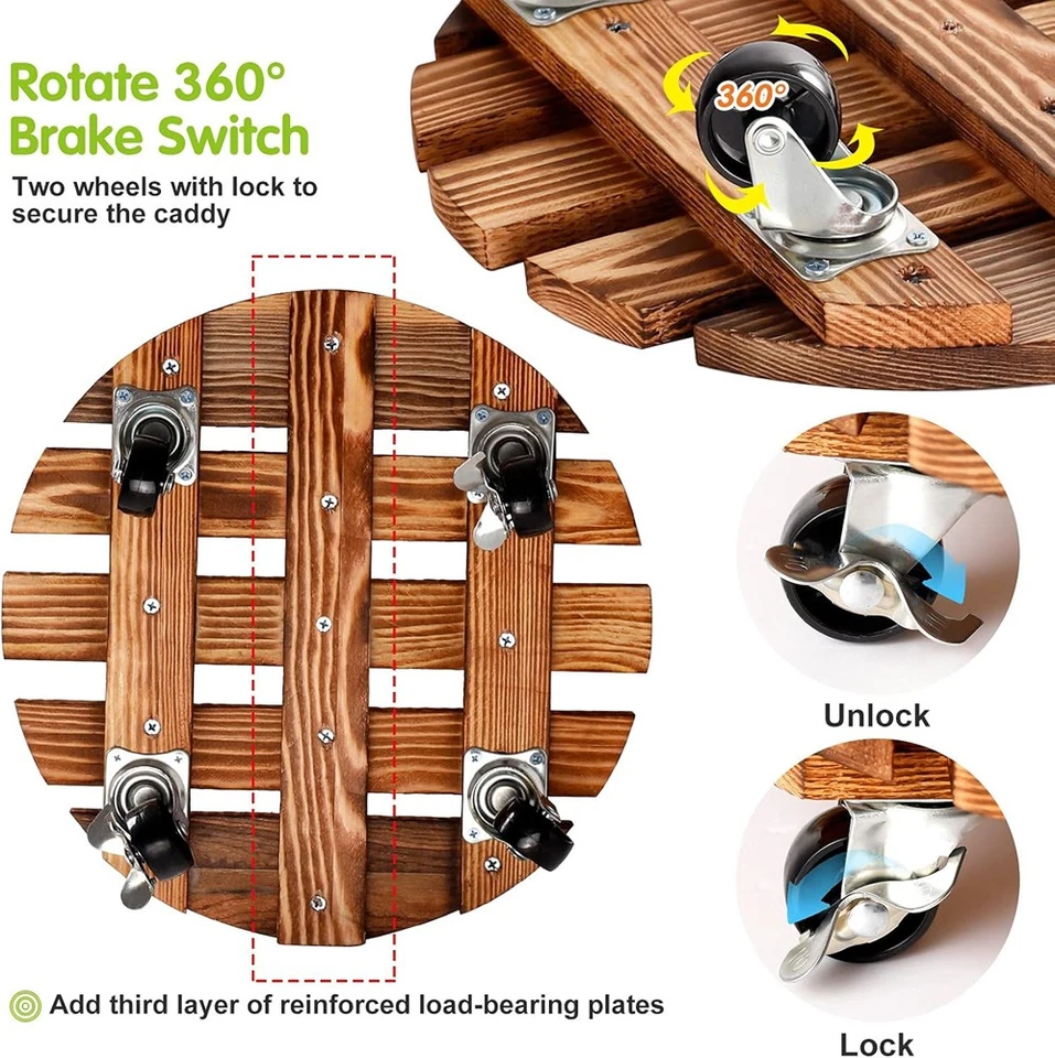 Pack de 2 Carrito de Plantas de 14" con Ruedas, Soporte para Planta Rodante 220 LB Madera Resistente Foto 4 de 4