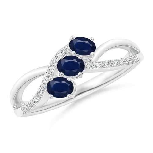 Oval Blue Sapphire Stone 925 Silver Trendy Three-stone Prong Ring Jewelry