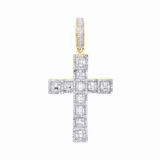 10K Yellow Gold Round & Baguette Real Diamond Cross Charm Pendant 2" 1.25 CT