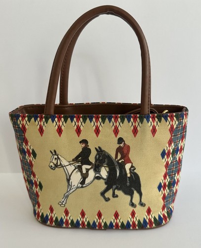 Bueno Borsa Equitazione Cavallo da Corsa Jockey Tessuto Marrone Ecopelle Argyle Perline - Foto 3 di 12