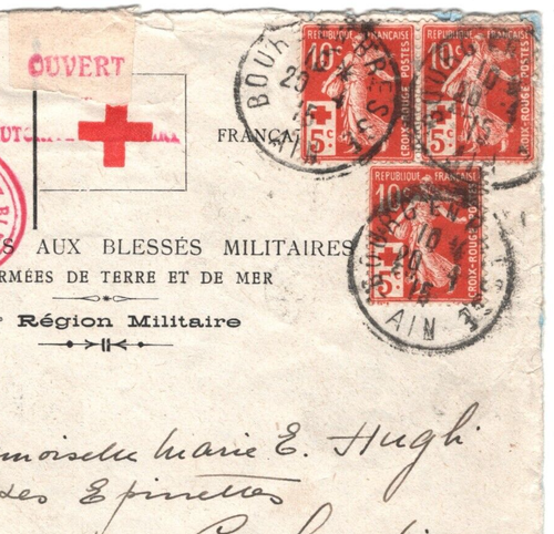 FRANCE WW1 HOSPITAL Cover Bourg RED CROSS STAMPS{3} Censor 1915 {samwells}MA932 - Picture 3 of 12