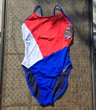 TYR Durafast One Women Cutoutfit Red/white/blue Colorblock Swimsuit SZ 34 New