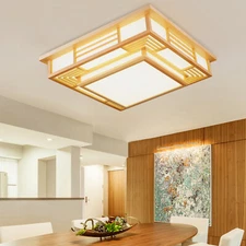 Modern Simple Ceiling Light LED Square Pendant Lamp Fixture Remote Wood 48W