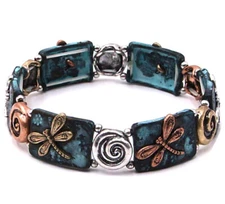 Dragonfly Embossed Metal Stretch Bracelet Charm Patina Finish & Gift Box