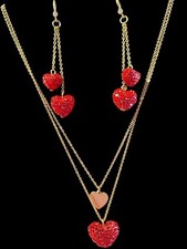 Double Heart Necklace And Earrings Set In Red Rhinestones