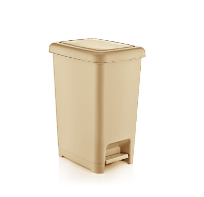 Slim 2.5-gallon Step on Space Savor Trash Can with Lid, Beige Color. By Superio.