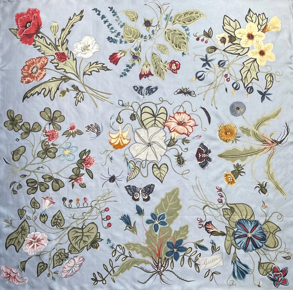 Unisex Gucci Seda Envoltura Logo Kris Knight Estampado Floral Multicolor Azul Bufanda Foto 4 de 4