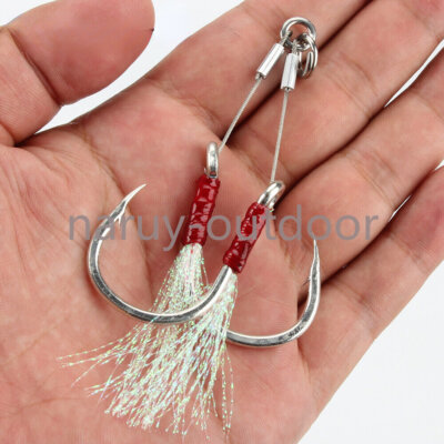 2 Pairs Fishing Double Assist Jig Hooks Steel Wire Line 1/0 2/0 3/0 5/0 7/0