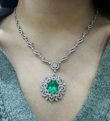 Oval Syn Colombian Emerald Chain Necklace 925 Sterling Silver Authentic Jewelry - 第 1/9 張圖片