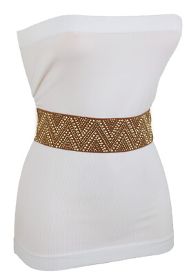 Women Brown Color Wide Elastic Fabric Waistband Fashion Belt Gold Metal Stud S M