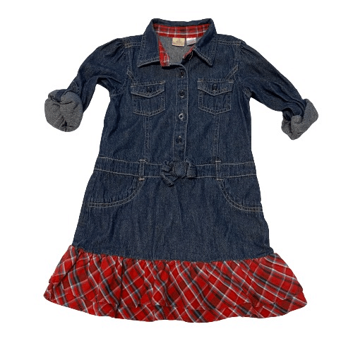 Route 66 Sz 5T Little Girls Blue Jean Denim Dress w/ Dark Pink & Red Plaid Trim Route 66 Sz 5T Little Girls Blue Jean Denim Dress w/ Dark Pink & Red Plaid Trim