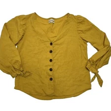 Urban Outfitters Size Large Top Mustard Yellow Linen Button Front Puff Sleeve
