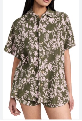THE UPSIDE Cocos Stella Terry Cloth Top Short Sleeve Buttons Large Floral NWT