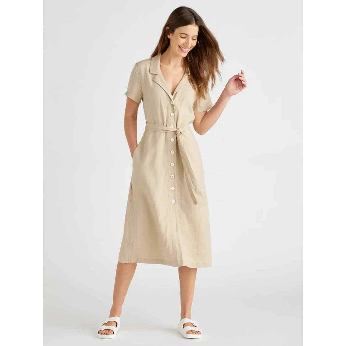 Quince 100% organic linen button down safari dress Sz M tan neutral  lagenlook