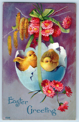 Easter Postcard Greetings Baby Chicks On Hatched Egg Cattail And Flowers 1911