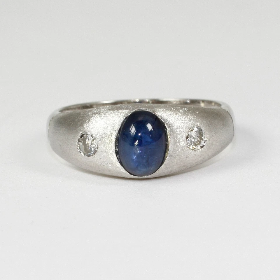 Bague Classique En Or Blanc 585, Cabochon De Saphir Et Diamant 0,18 Carat - Photo 1/3