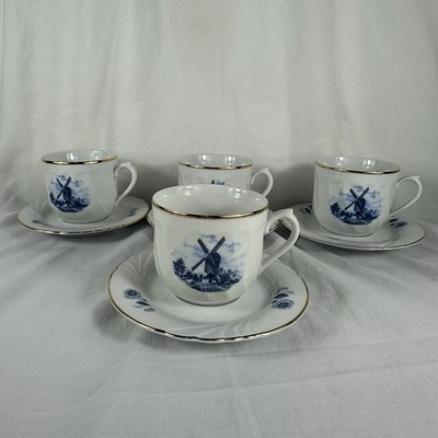Vintage Ter Steege BV Delft Blauw Windmill Tea Cups Saucers Set of 4 Gold Trim