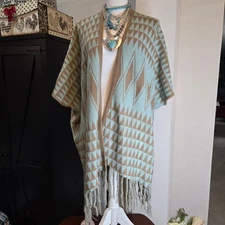 Fantastic Fawn Turquoise And Tan Asymmetrical Shawl Cape Poncho Fringe Hem. 37B