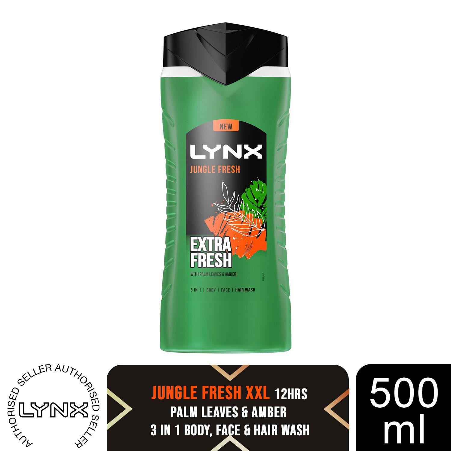Lynx Jungle Fresh Mens Shower Gel 500ml 12H Freshness 3in1 Body Face Hair Wash