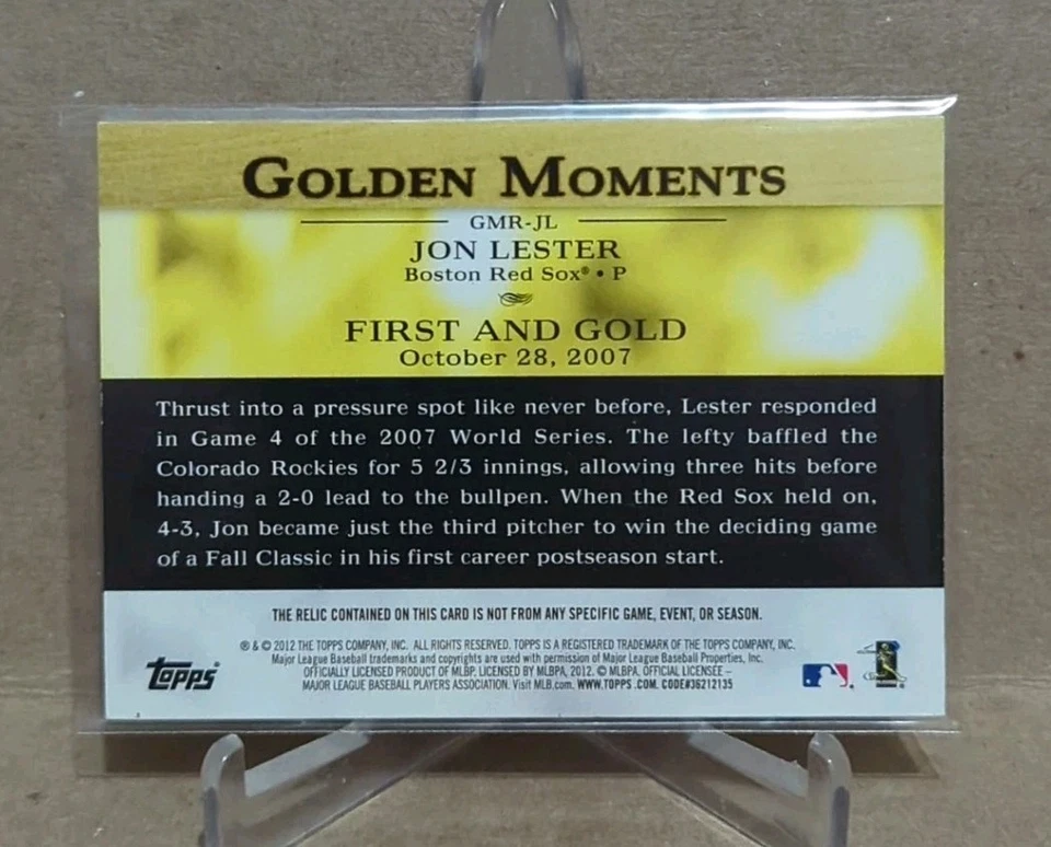 2012 Topps Golden Moments Relics #JL Jon Lester - Image 2 of 2