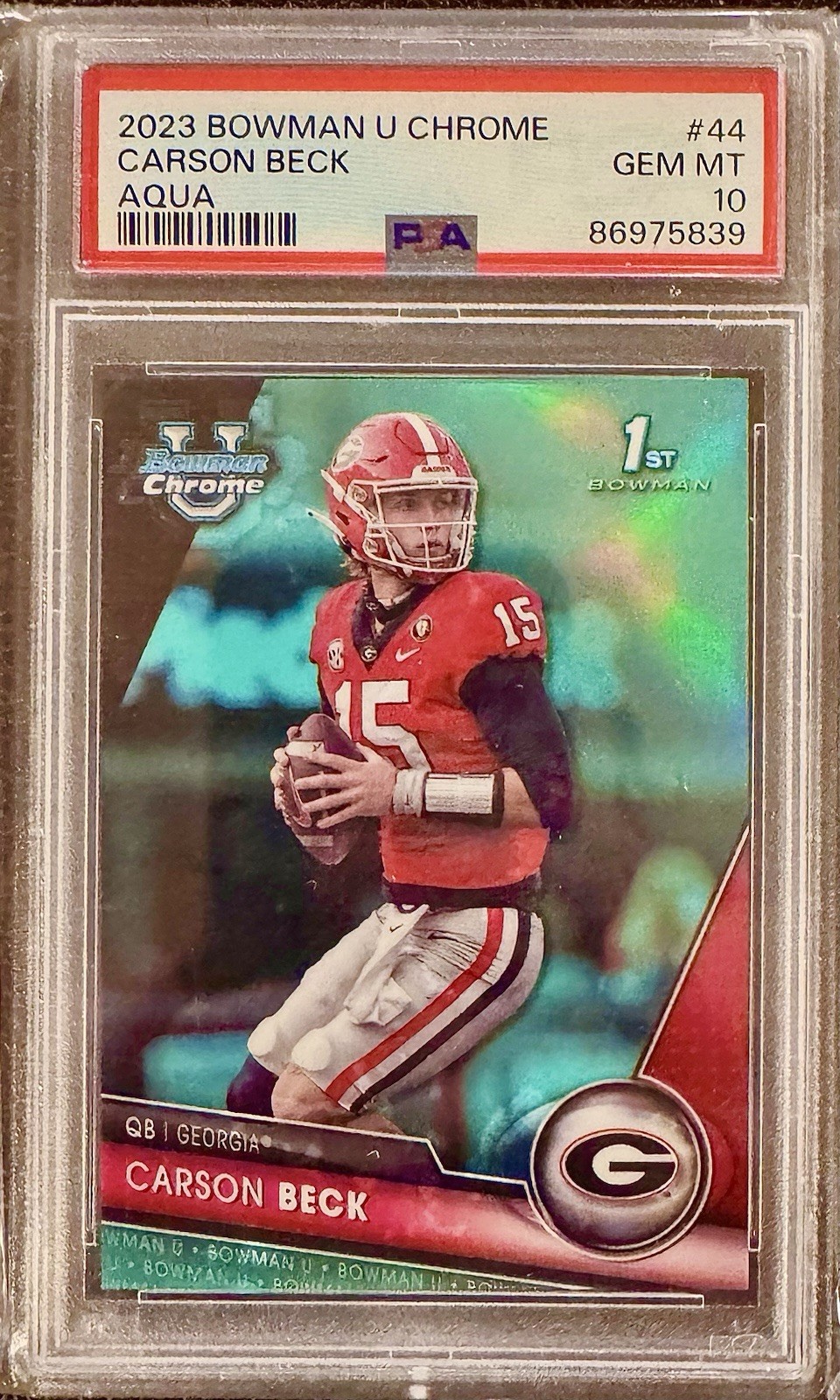 🔥👀 💎 Carson Beck Rookie 2023 Bowman 1st Chrome Aqua /299 PSA10, Pop10! Rare🔥