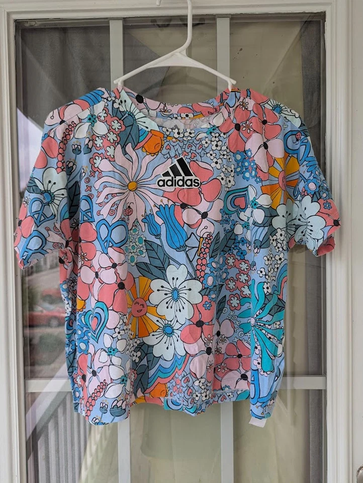 Adidas Floral All Over Print Short Sleeve Cotton Crop Boxy Tee Youth XL - Image 3 of 4