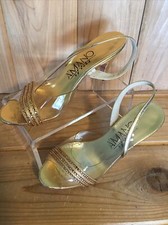 sling back pump heel shoe size 5B Vintage 1980 s AMANO metallic Gold W/ Bling