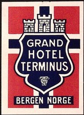 Grand Hotel Terminus Bergen Norge NORWAY Vintage Luggage Label  3.25 x 4.25"