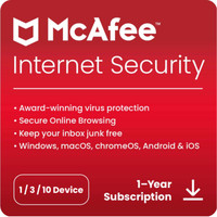 McAfee Internet Security 2026 1, 3, 10 Device 1 or 2 Year Antivirus Auto Renewal