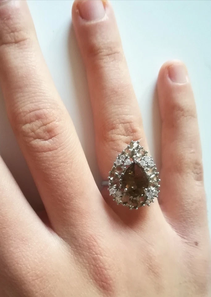 ANELLO COCKTAIL QUARZO SMOKEY GOCCIA E TOPAZIO BIANCO IN ARGENTO 925 MASSICCIO - Immagine 4 di 4