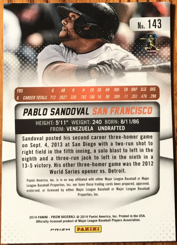 2014 Panini Prizm Prizms vermelho branco e azul pulsar Pablo Sandoval #143 - Imagem 2 de 2