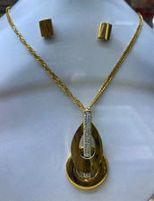 Gold Tone Crystal Jewelry Set Necklace Pendant & Earrings White Baguette