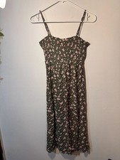 Aeropostale Pink Floral Sage Green Smocked Midi Dress with Side Slit