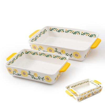 YumiPLUS Small Baking Dishes Set of 2, 1QT & 0.6QT Small, Yellow Sunflower