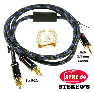 Cordon Jack ♂ stereo 3,5 mm vers 2 x Cinch RCA ♂ câble HIFI 1,5 m PREMIUM GOLD - Photo 1/2