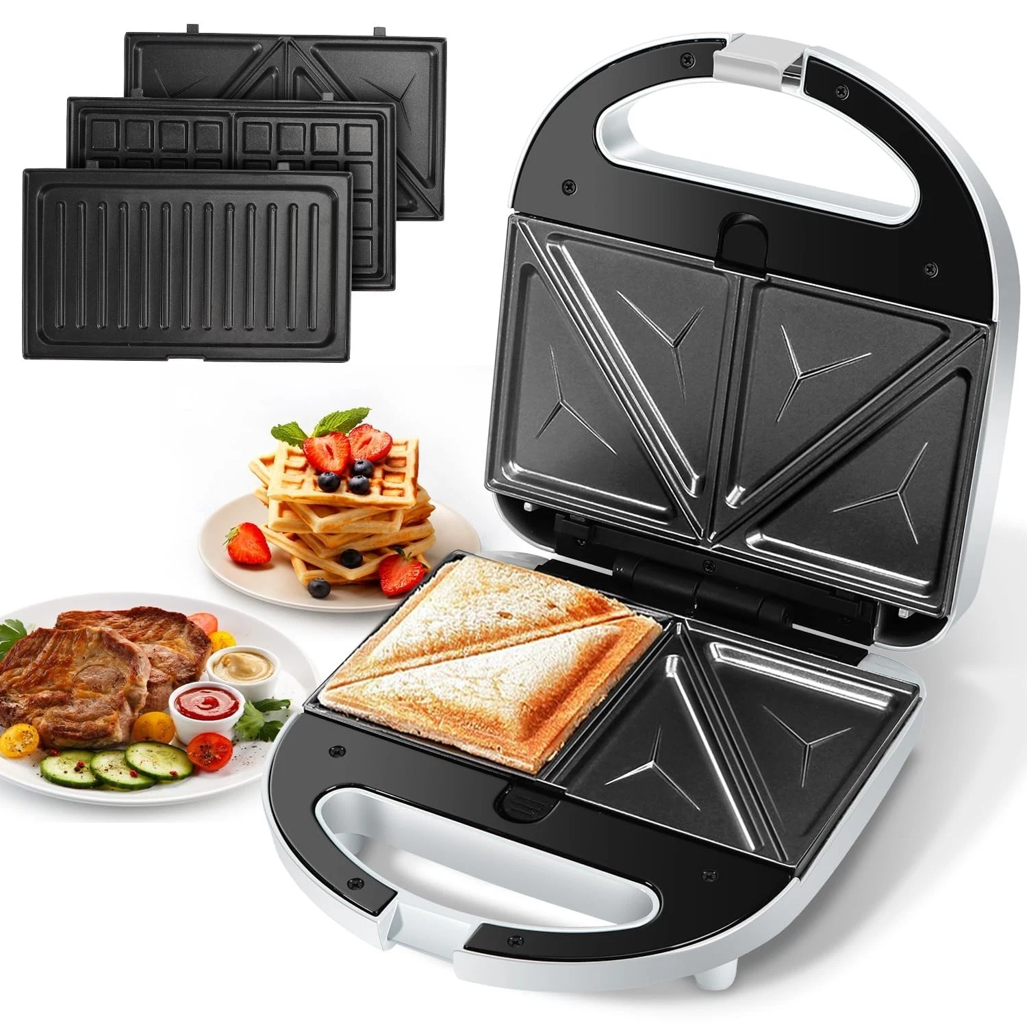 Aigostar Sandwich Maker Panini Press Grill, 3 in 1 Waffle Maker with Removabl...