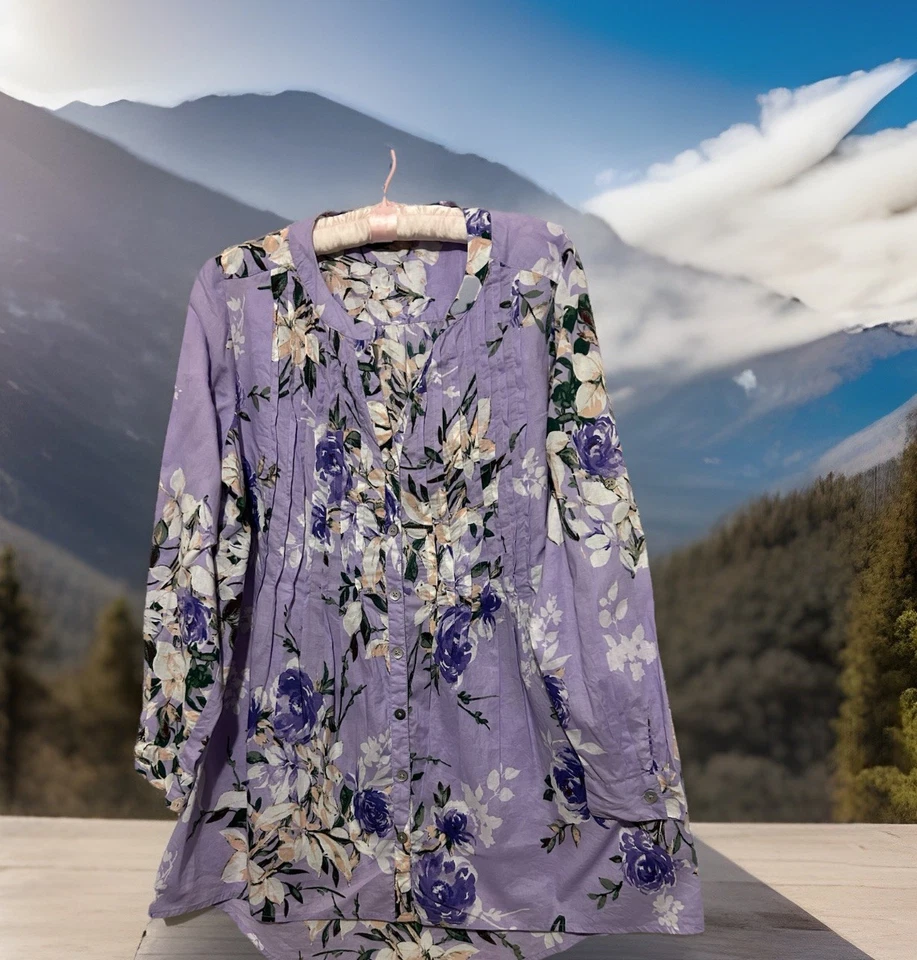 Roaman’s Top 16 紫色花卉棉纽扣标签袖衬衫衬衫 16W — 第 4/4 张图片