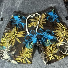OP Cargo Swim Trunks Hawaiian Floral Print Brown Yellow Teal XL 40/42 Shorts