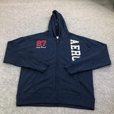 Aeropostale Hoodie Sweatshirt Mens Medium Blue Full Zip Fleece AERO 87 Graphic