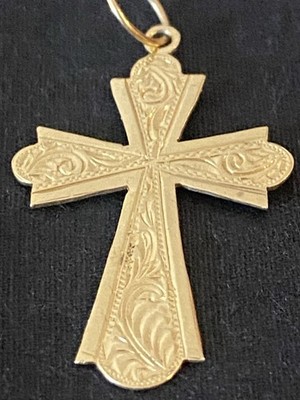 Gothic or Passion 14K Yellow Gold Engraved Floral Cross .8958 Pennyweight (dwt)